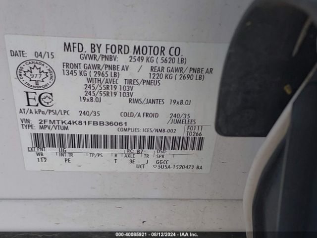 Photo 8 VIN: 2FMTK4K81FBB36061 - FORD EDGE 