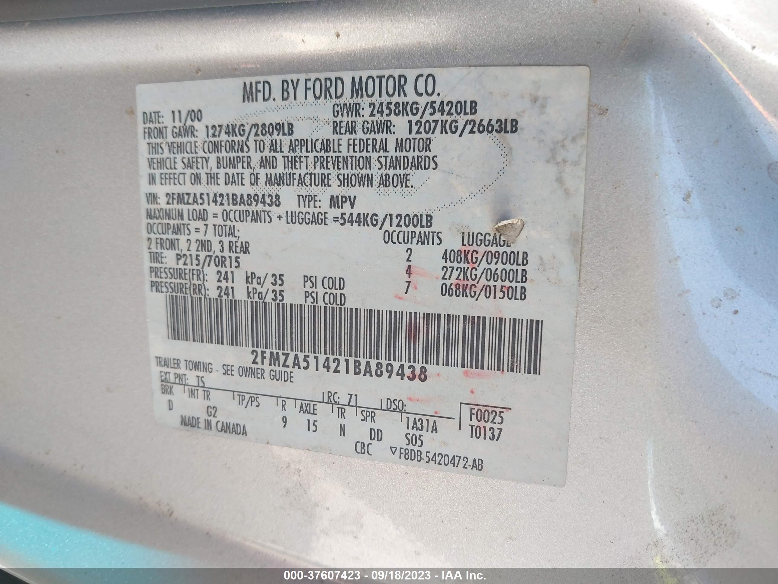 Photo 8 VIN: 2FMZA51421BA89438 - FORD WINDSTAR 