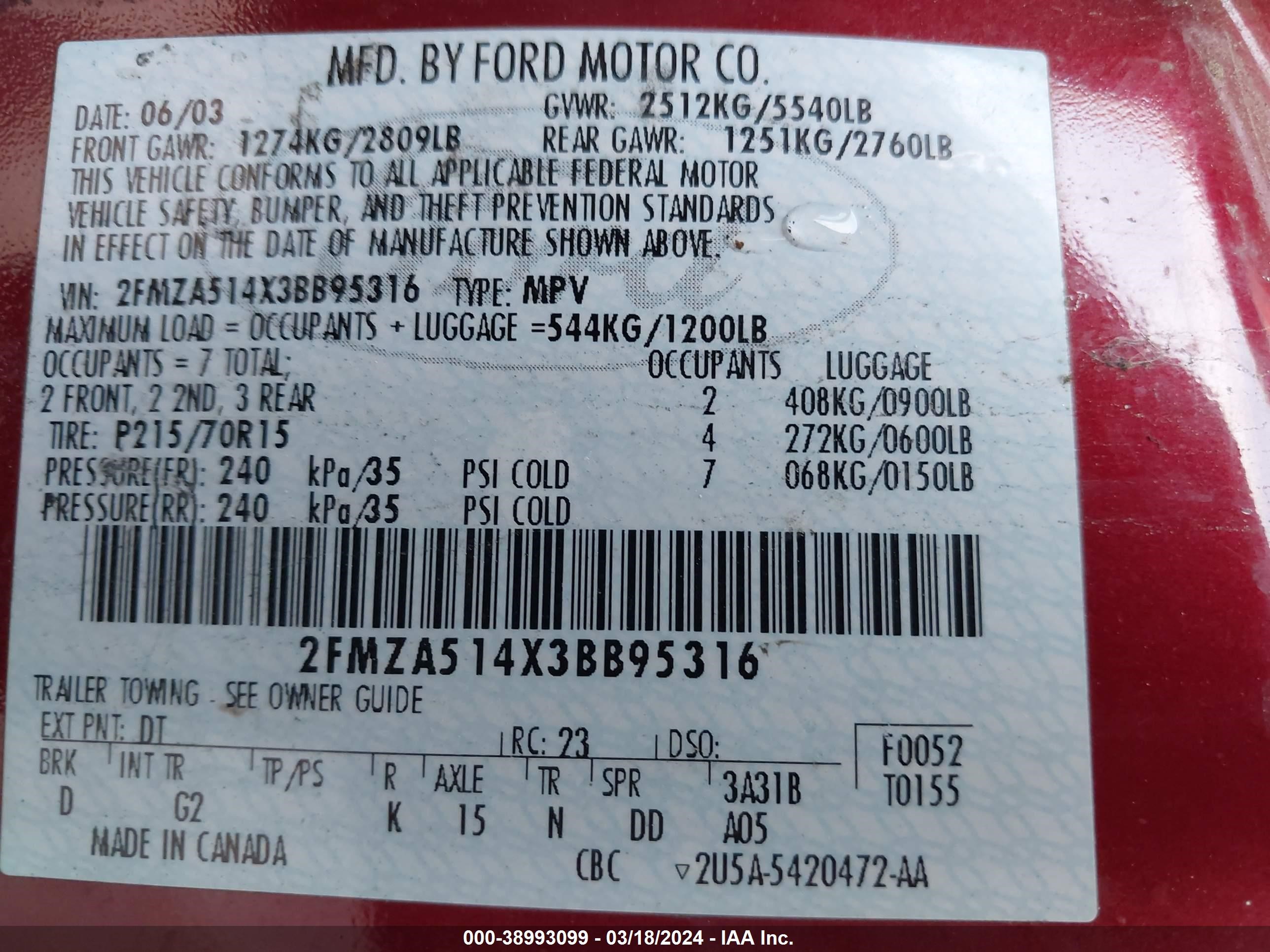 Photo 8 VIN: 2FMZA514X3BB95316 - FORD WINDSTAR 