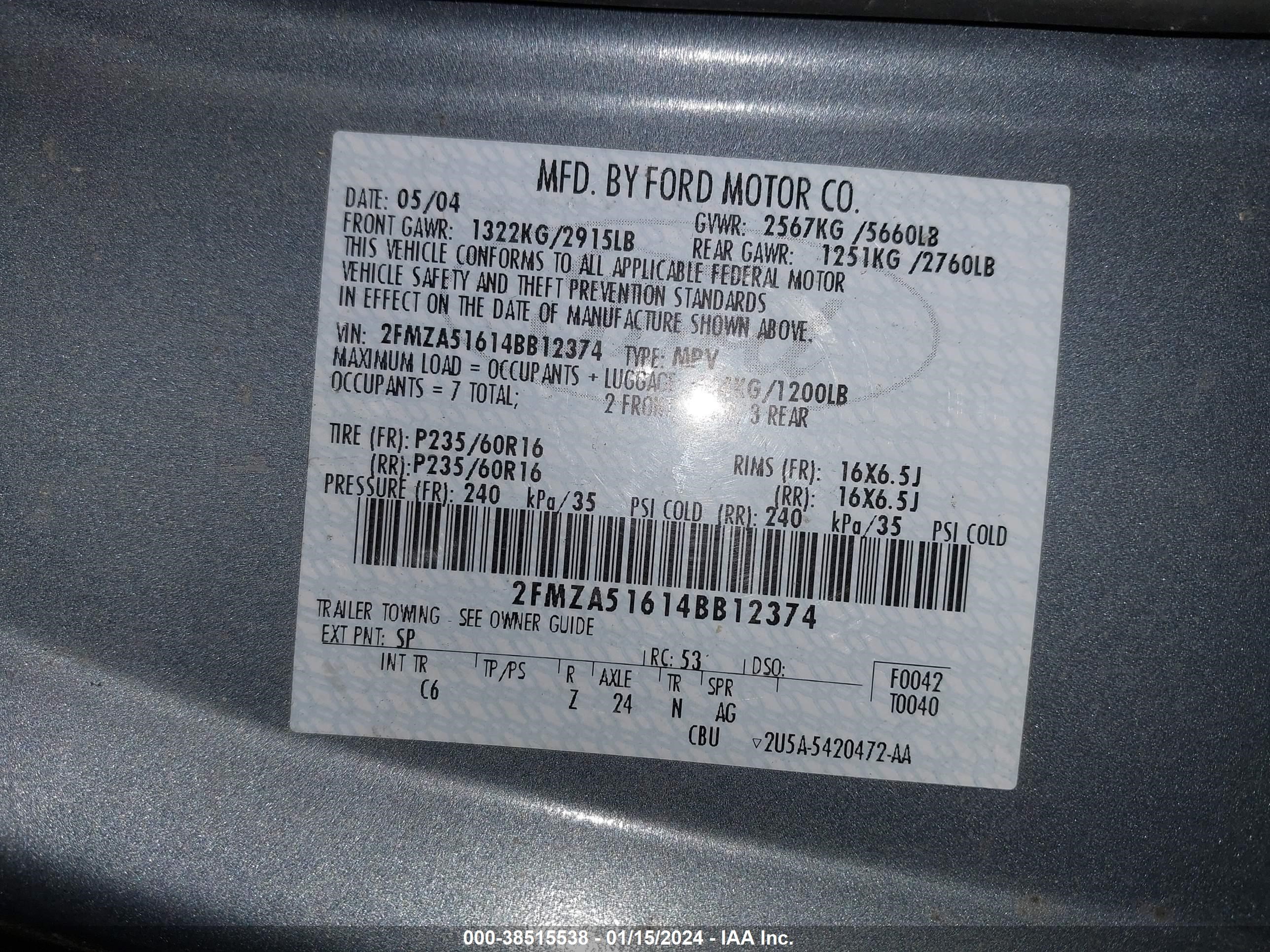 Photo 8 VIN: 2FMZA51614BB12374 - FORD FREESTAR 