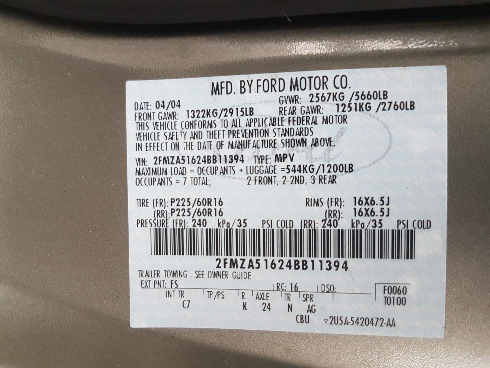 Photo 9 VIN: 2FMZA51624BB11394 - FORD FREESTAR S 