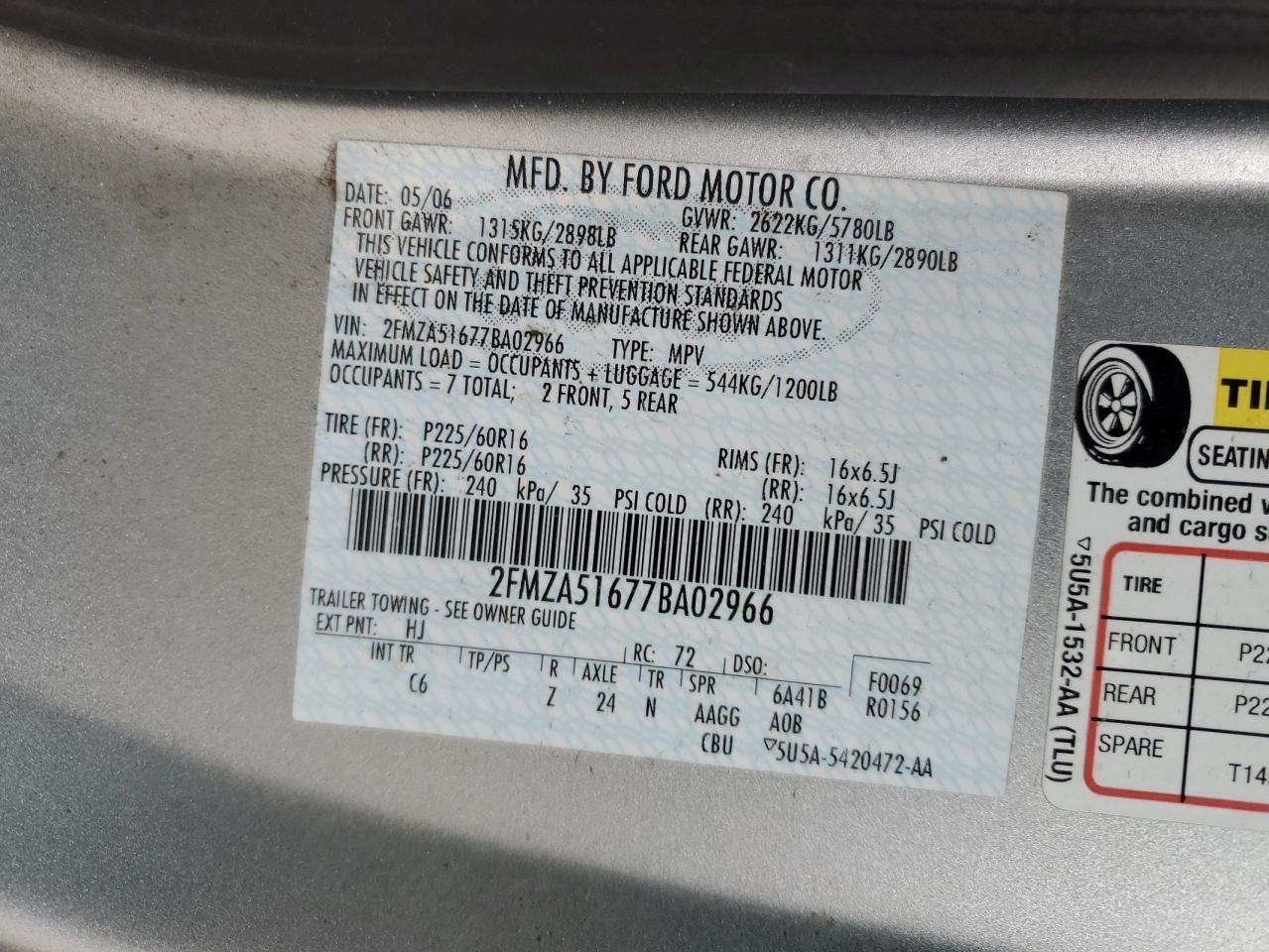 Photo 12 VIN: 2FMZA51677BA02966 - FORD FREESTAR 