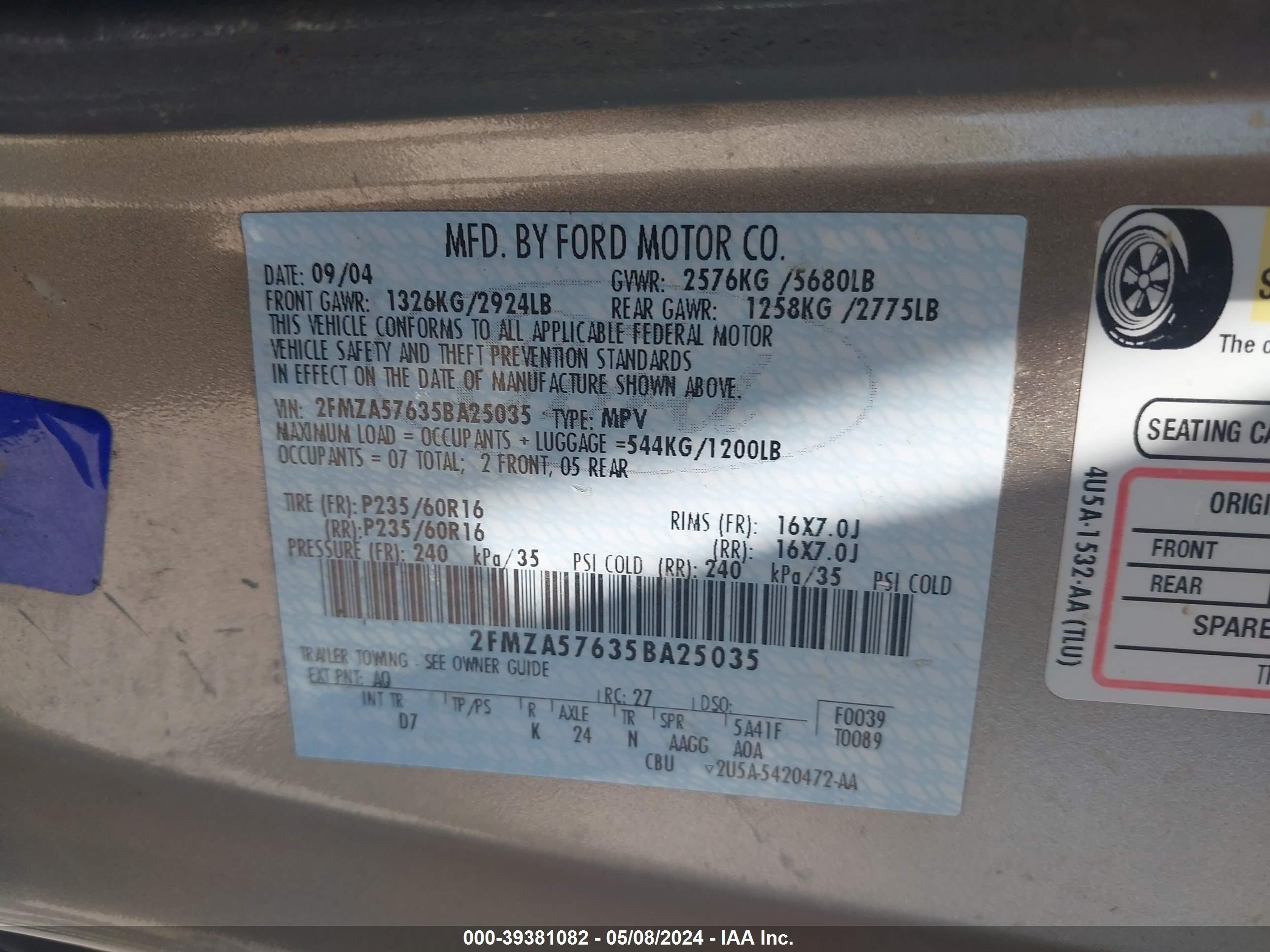 Photo 8 VIN: 2FMZA57635BA25035 - FORD FREESTAR 