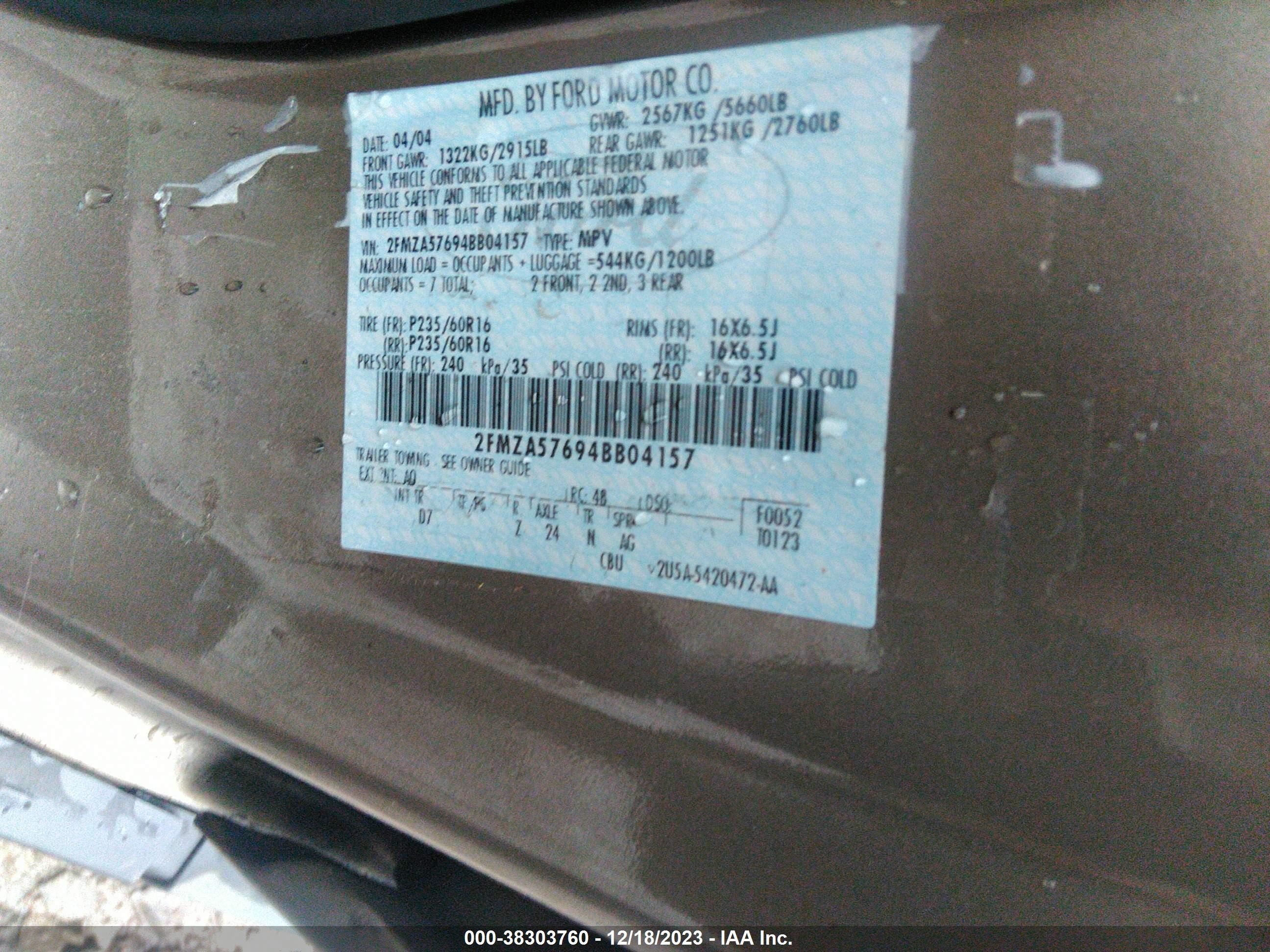 Photo 8 VIN: 2FMZA57694BB04157 - FORD FREESTAR 