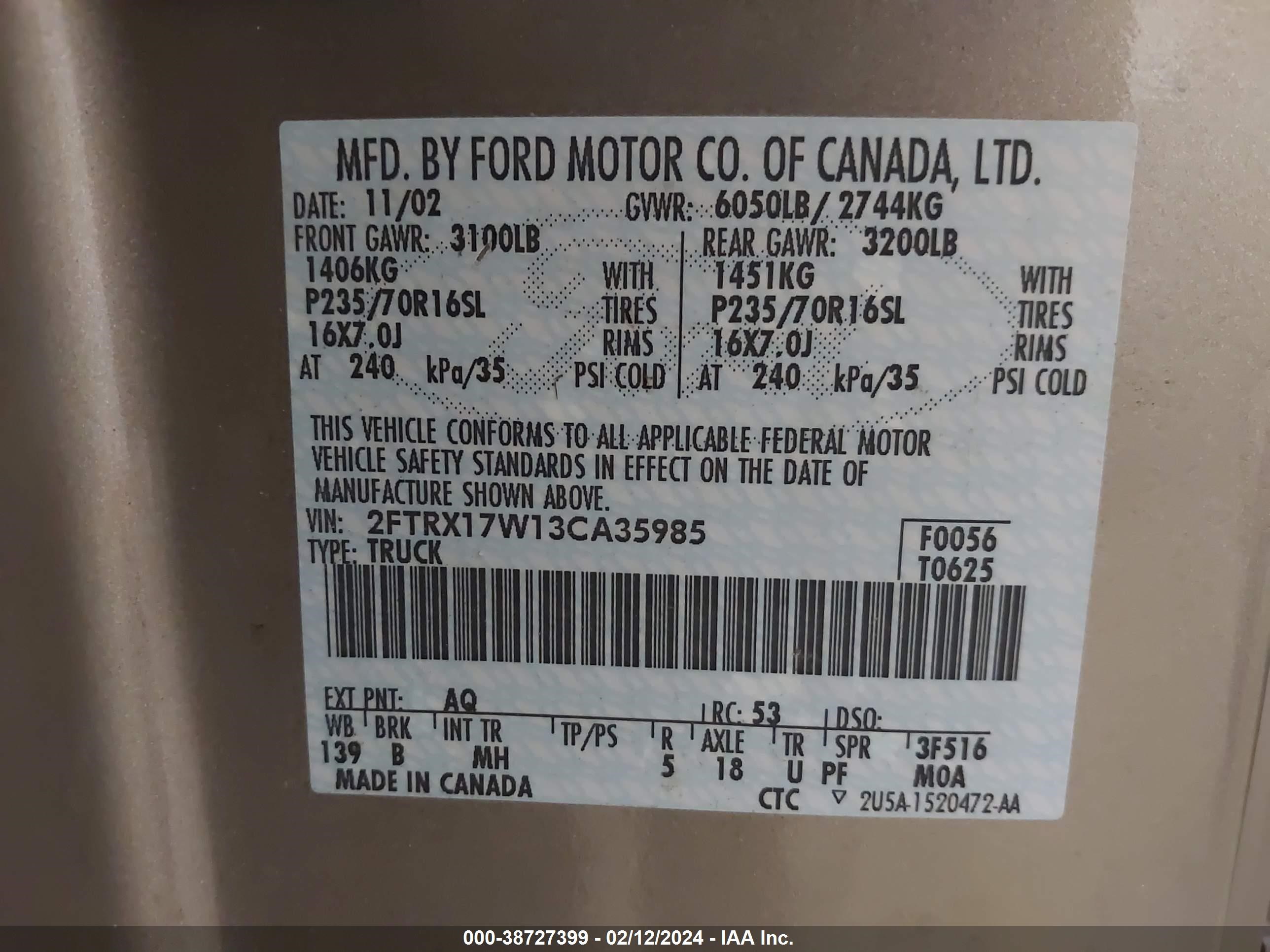 Photo 8 VIN: 2FTRX17W13CA35985 - FORD F-150 