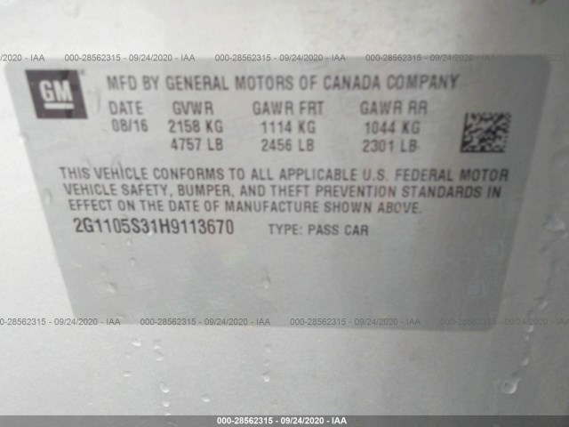 Photo 8 VIN: 2G1105S31H9113670 - CHEVROLET IMPALA 