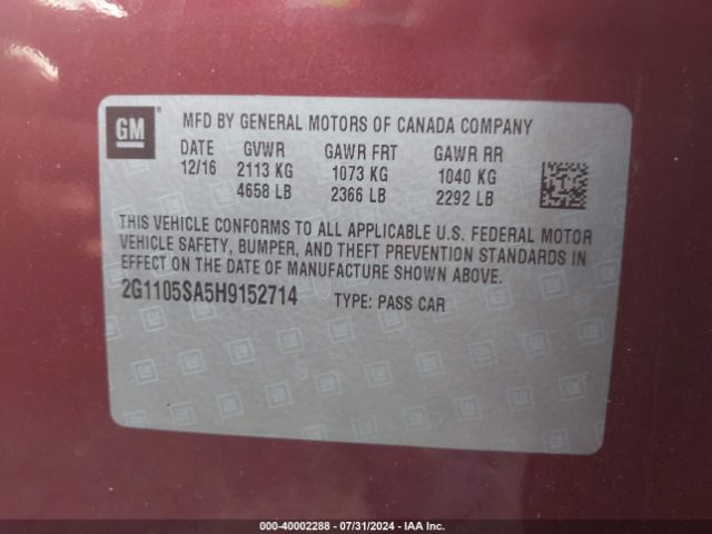 Photo 8 VIN: 2G1105SA5H9152714 - CHEVROLET IMPALA 