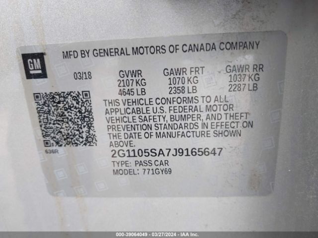 Photo 8 VIN: 2G1105SA7J9165647 - CHEVROLET IMPALA 