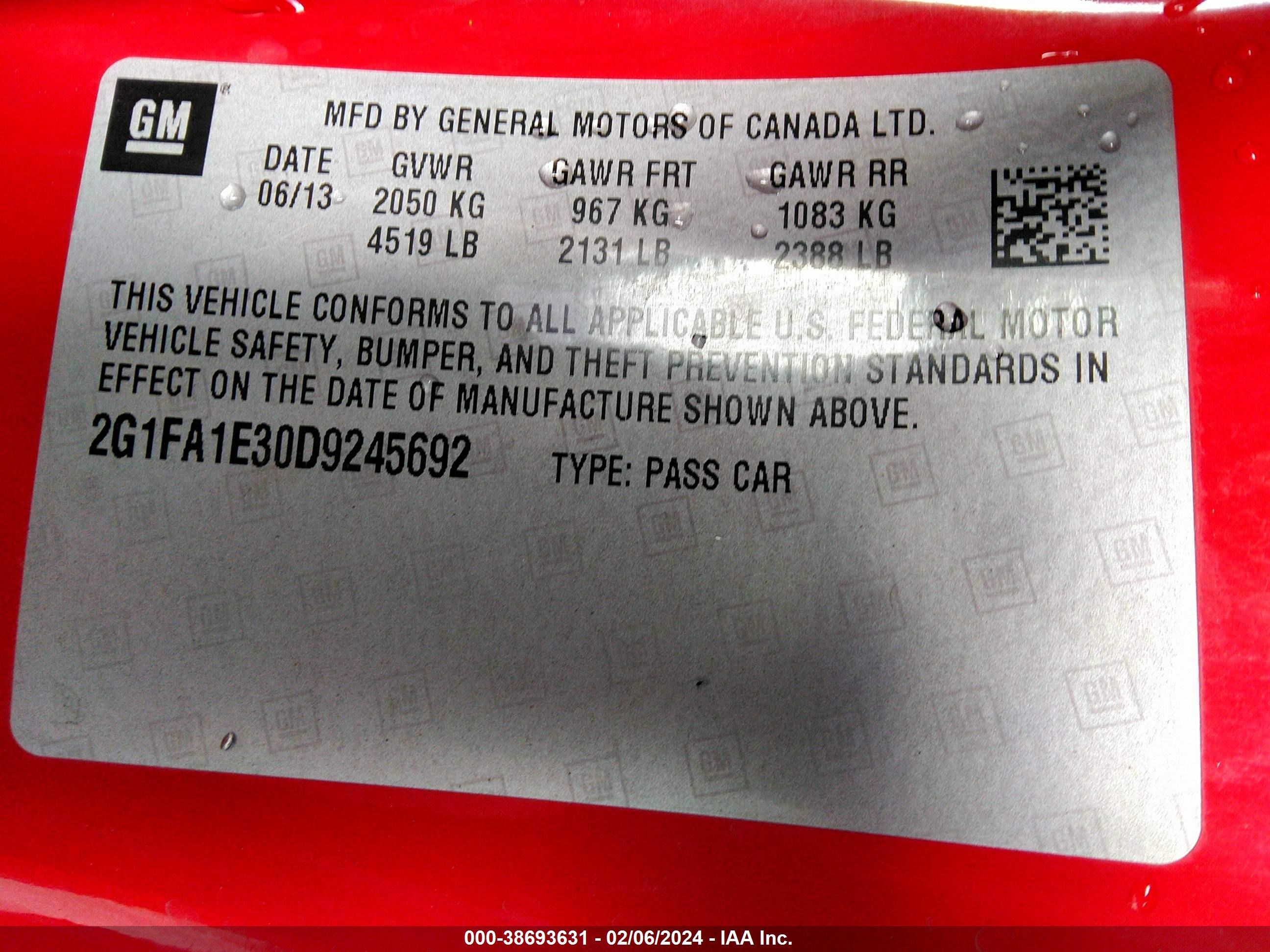 Photo 8 VIN: 2G1FA1E30D9245692 - CHEVROLET CAMARO 