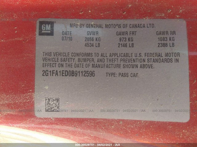 Photo 8 VIN: 2G1FA1ED0B9112596 - CHEVROLET CAMARO 