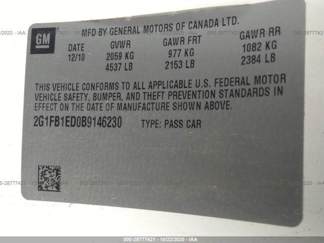 Photo 8 VIN: 2G1FB1ED0B9146230 - CHEVROLET CAMARO 