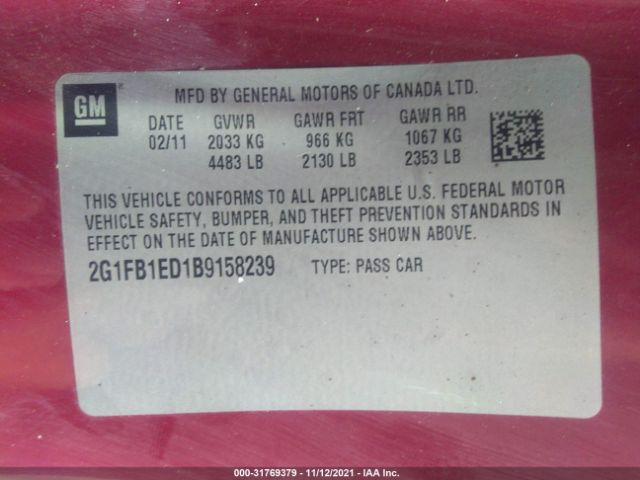 Photo 8 VIN: 2G1FB1ED1B9158239 - CHEVROLET CAMARO 