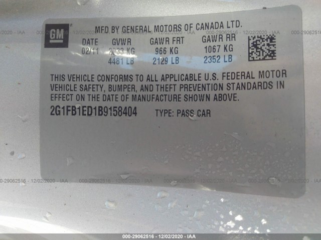 Photo 8 VIN: 2G1FB1ED1B9158404 - CHEVROLET CAMARO 