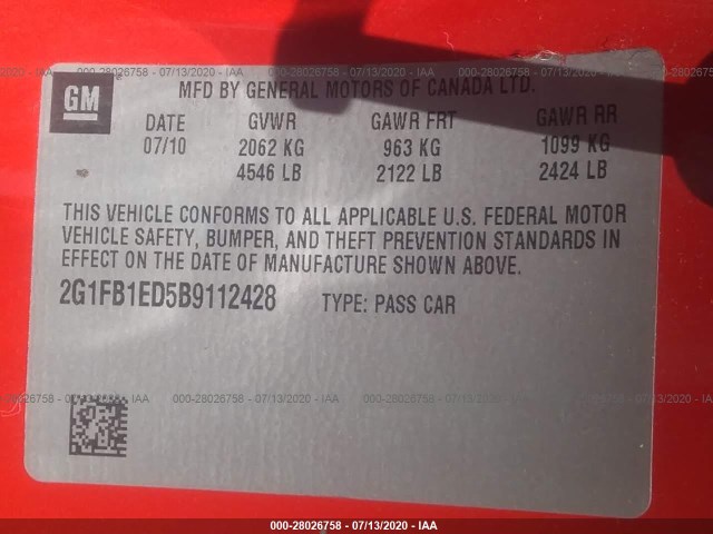 Photo 8 VIN: 2G1FB1ED5B9112428 - CHEVROLET CAMARO 