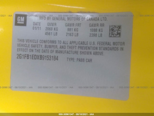 Photo 8 VIN: 2G1FB1EDXB9153184 - CHEVROLET CAMARO 