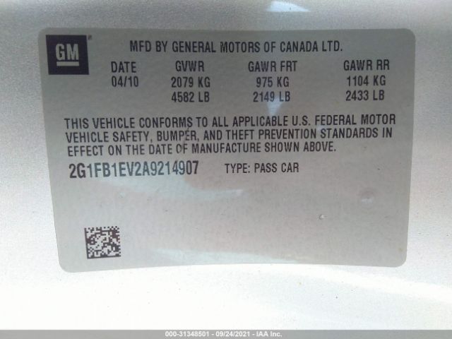 Photo 8 VIN: 2G1FB1EV2A9214907 - CHEVROLET CAMARO 