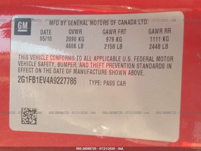 Photo 8 VIN: 2G1FB1EV4A9227786 - CHEVROLET CAMARO 