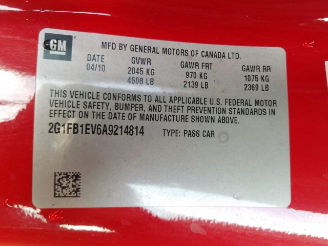 Photo 9 VIN: 2G1FB1EV6A9214814 - CHEVROLET CAMARO LT 