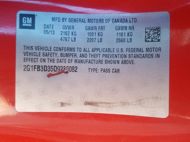 Photo 9 VIN: 2G1FB3D35D9230082 - CHEVROLET CAMARO LT 