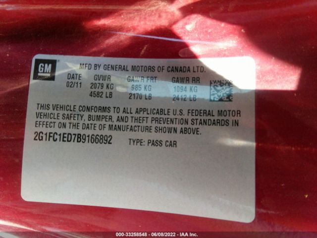 Photo 8 VIN: 2G1FC1ED7B9166892 - CHEVROLET CAMARO 