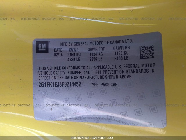 Photo 8 VIN: 2G1FK1EJ3F9214452 - CHEVROLET CAMARO 