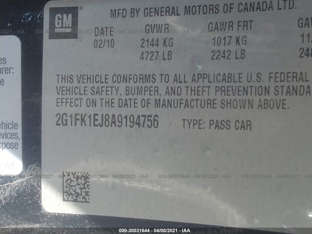 Photo 8 VIN: 2G1FK1EJ8A9194756 - CHEVROLET CAMARO 