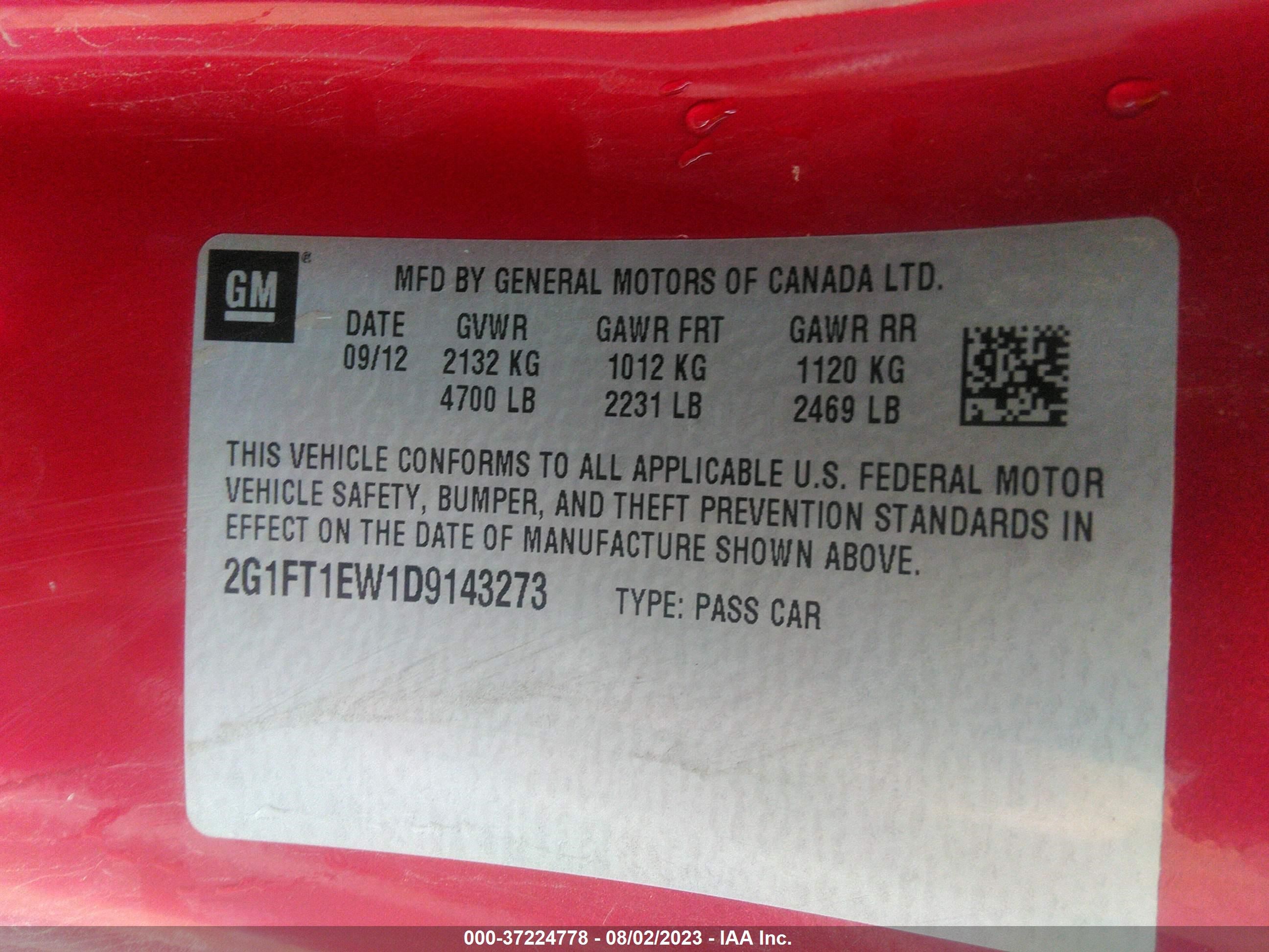 Photo 8 VIN: 2G1FT1EW1D9143273 - CHEVROLET CAMARO 