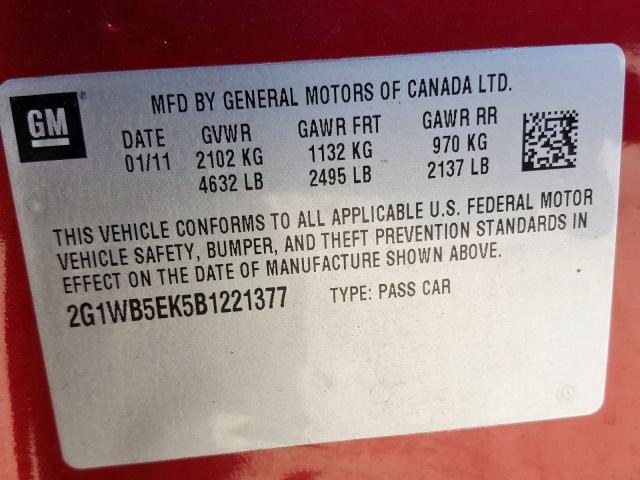 Photo 9 VIN: 2G1WB5EK5B1221377 - CHEVROLET IMPALA LT 