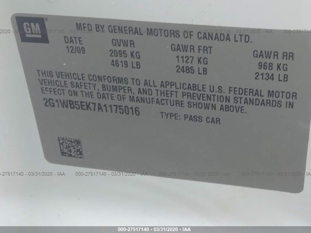 Photo 8 VIN: 2G1WB5EK7A1175016 - CHEVROLET IMPALA 