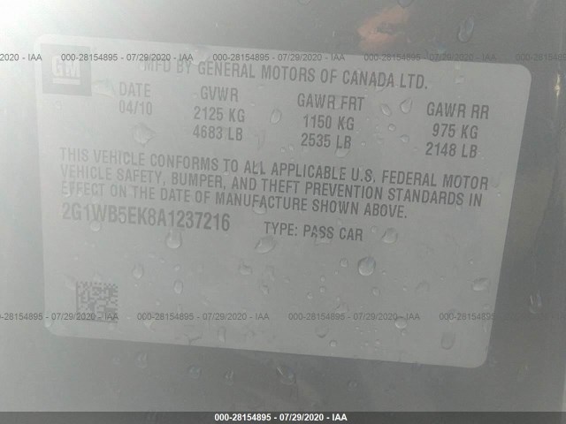 Photo 8 VIN: 2G1WB5EK8A1237216 - CHEVROLET IMPALA 