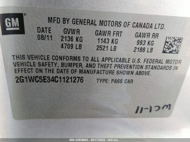 Photo 8 VIN: 2G1WC5E34C1121276 - CHEVROLET IMPALA 