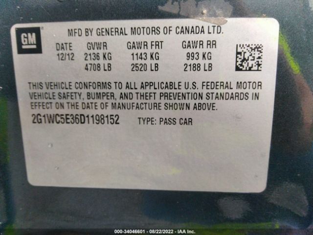 Photo 8 VIN: 2G1WC5E36D1198152 - CHEVROLET IMPALA 