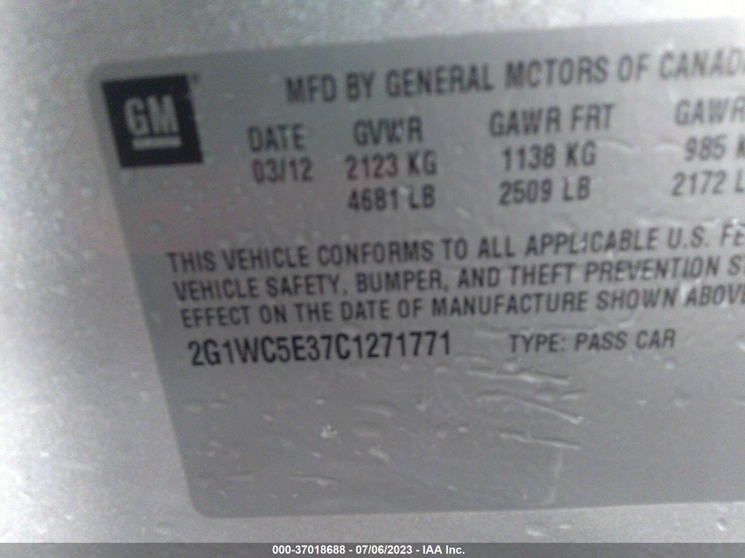 Photo 8 VIN: 2G1WC5E37C1271771 - CHEVROLET IMPALA 