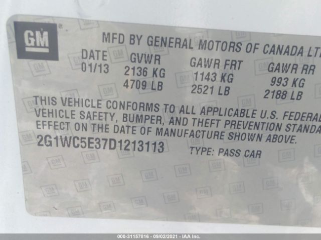 Photo 8 VIN: 2G1WC5E37D1213113 - CHEVROLET IMPALA 