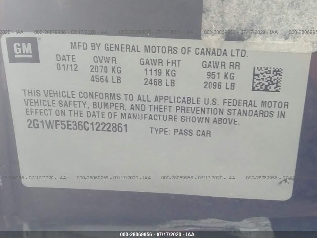 Photo 8 VIN: 2G1WF5E36C1222861 - CHEVROLET IMPALA 