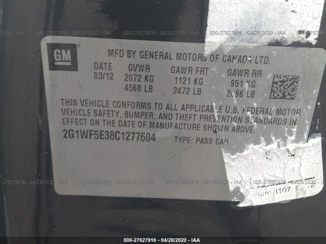 Photo 8 VIN: 2G1WF5E38C1277604 - CHEVROLET IMPALA 