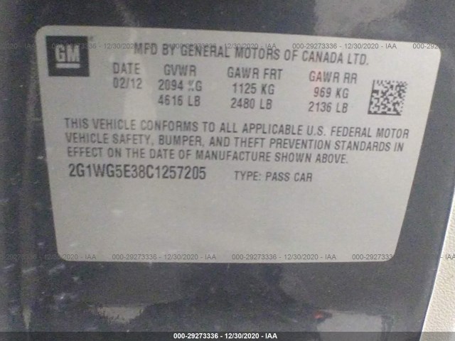 Photo 8 VIN: 2G1WG5E38C1257205 - CHEVROLET IMPALA 