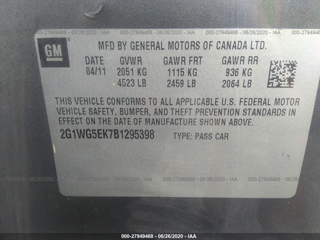 Photo 8 VIN: 2G1WG5EK7B1295398 - CHEVROLET IMPALA 