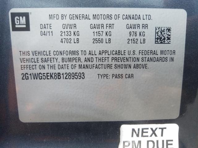 Photo 9 VIN: 2G1WG5EK8B1289593 - CHEVROLET IMPALA LT 