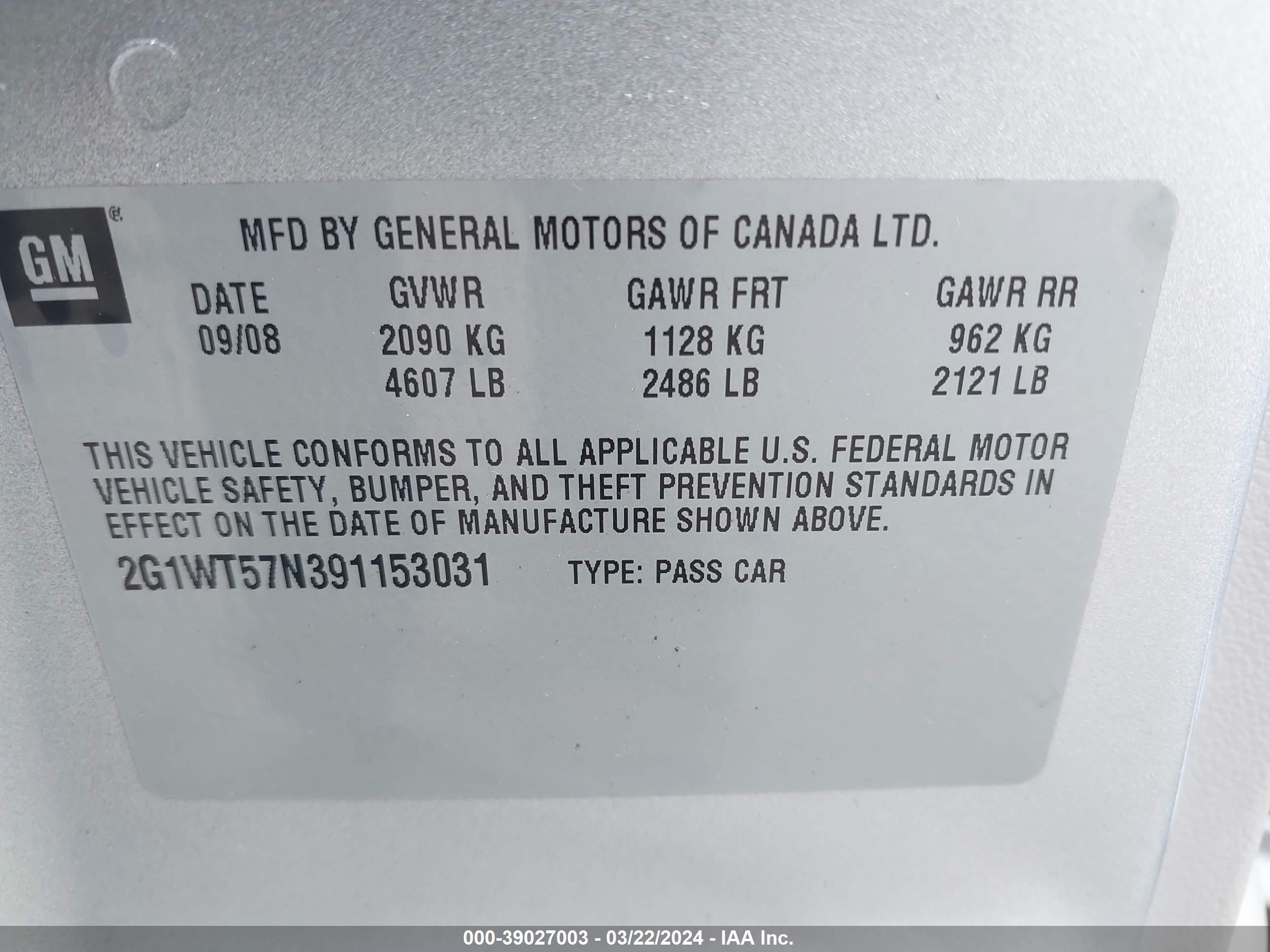 Photo 8 VIN: 2G1WT57N391153031 - CHEVROLET IMPALA 