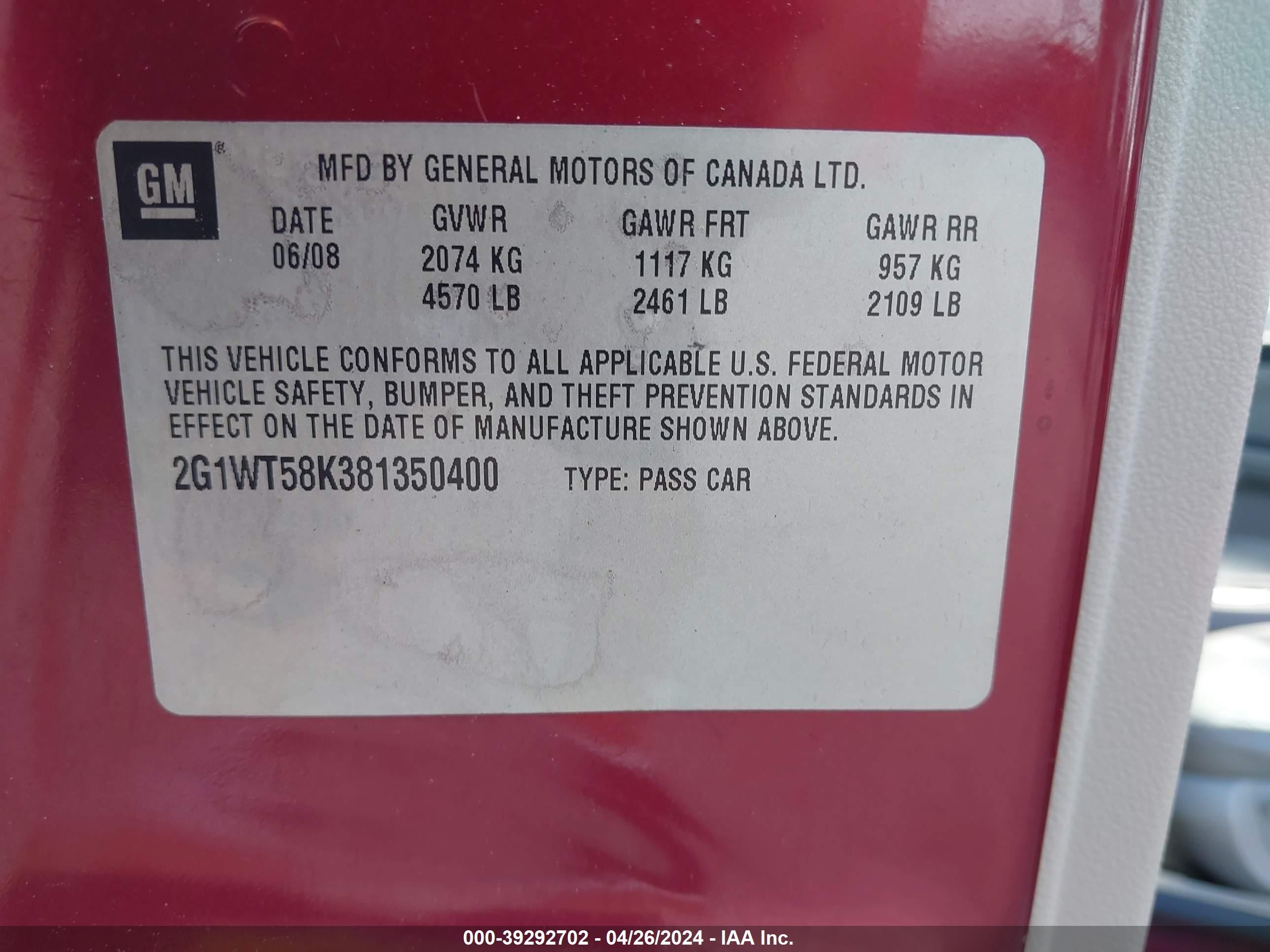 Photo 8 VIN: 2G1WT58K381350400 - CHEVROLET IMPALA 