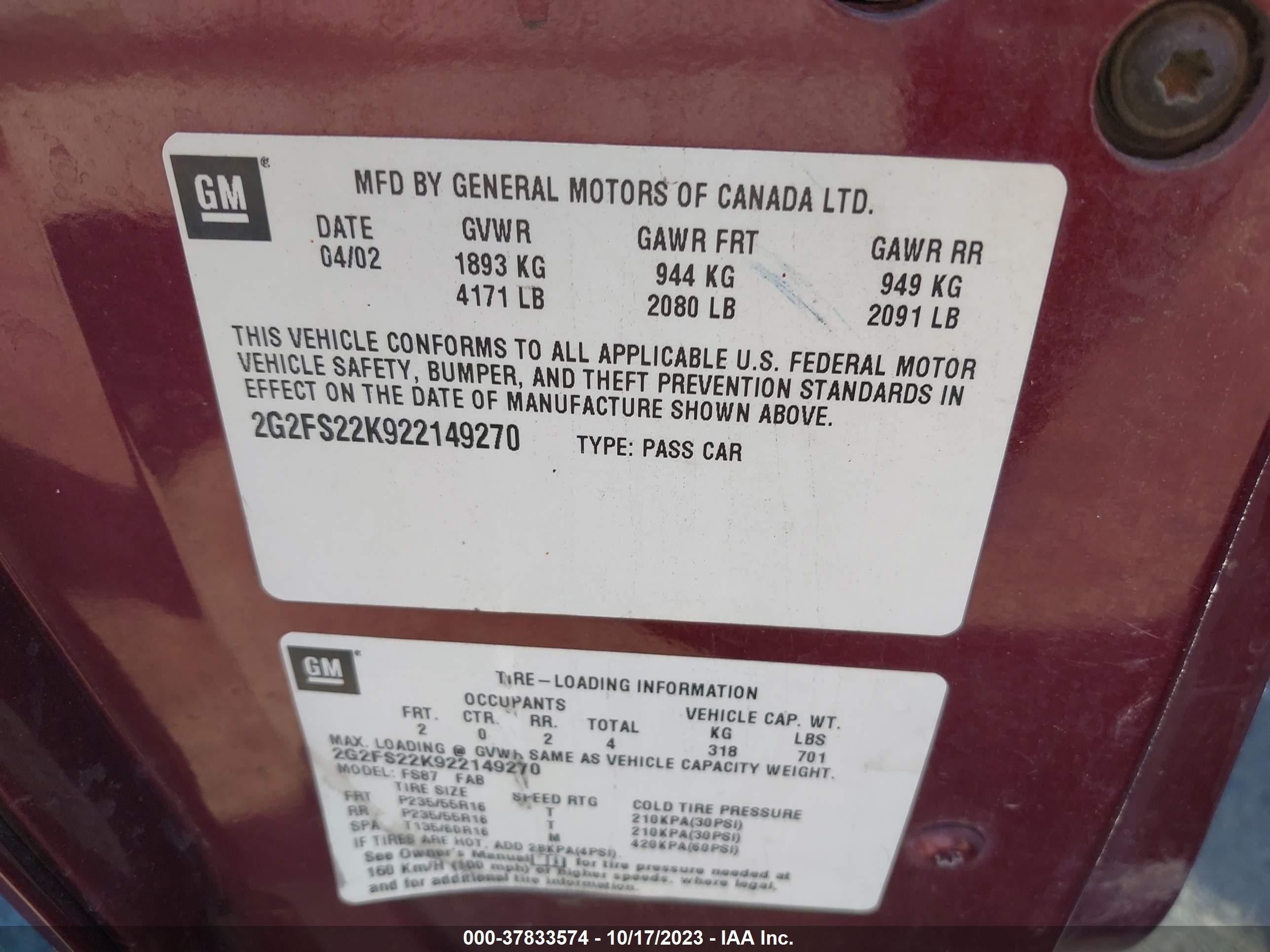Photo 8 VIN: 2G2FS22K922149270 - PONTIAC FIREBIRD 