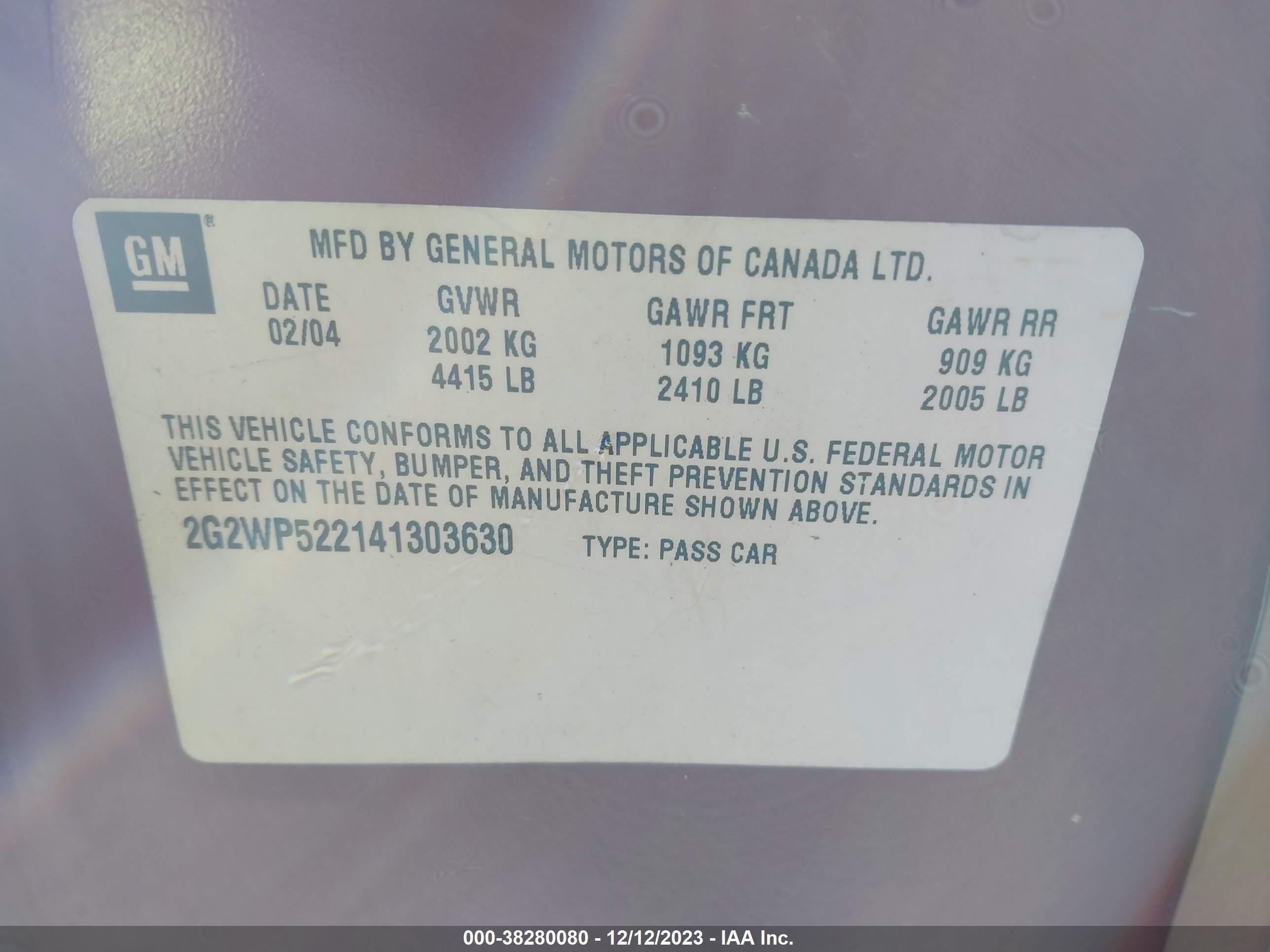 Photo 8 VIN: 2G2WP522141303630 - PONTIAC GRAND PRIX 