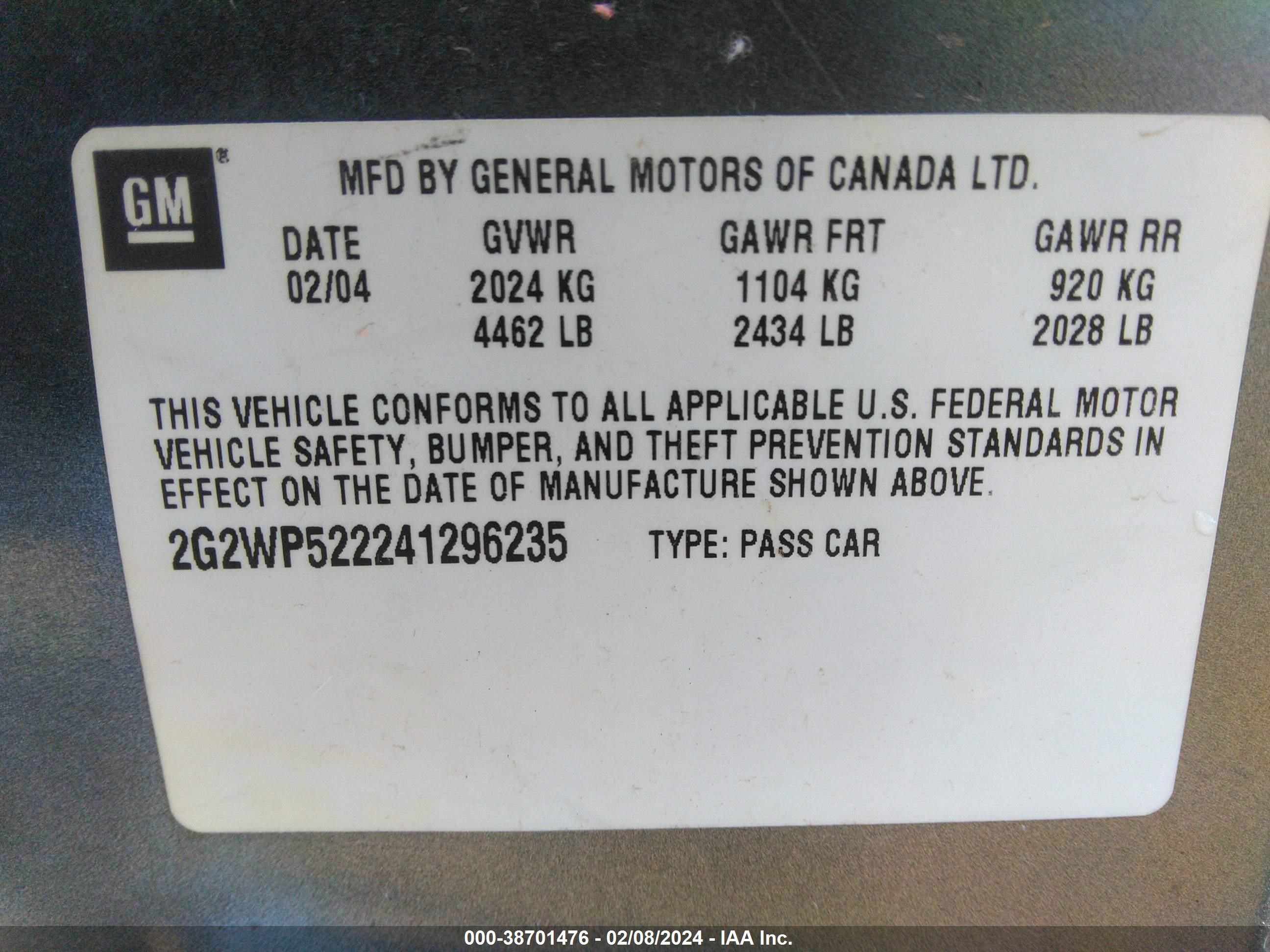 Photo 8 VIN: 2G2WP522241296235 - PONTIAC GRAND PRIX 