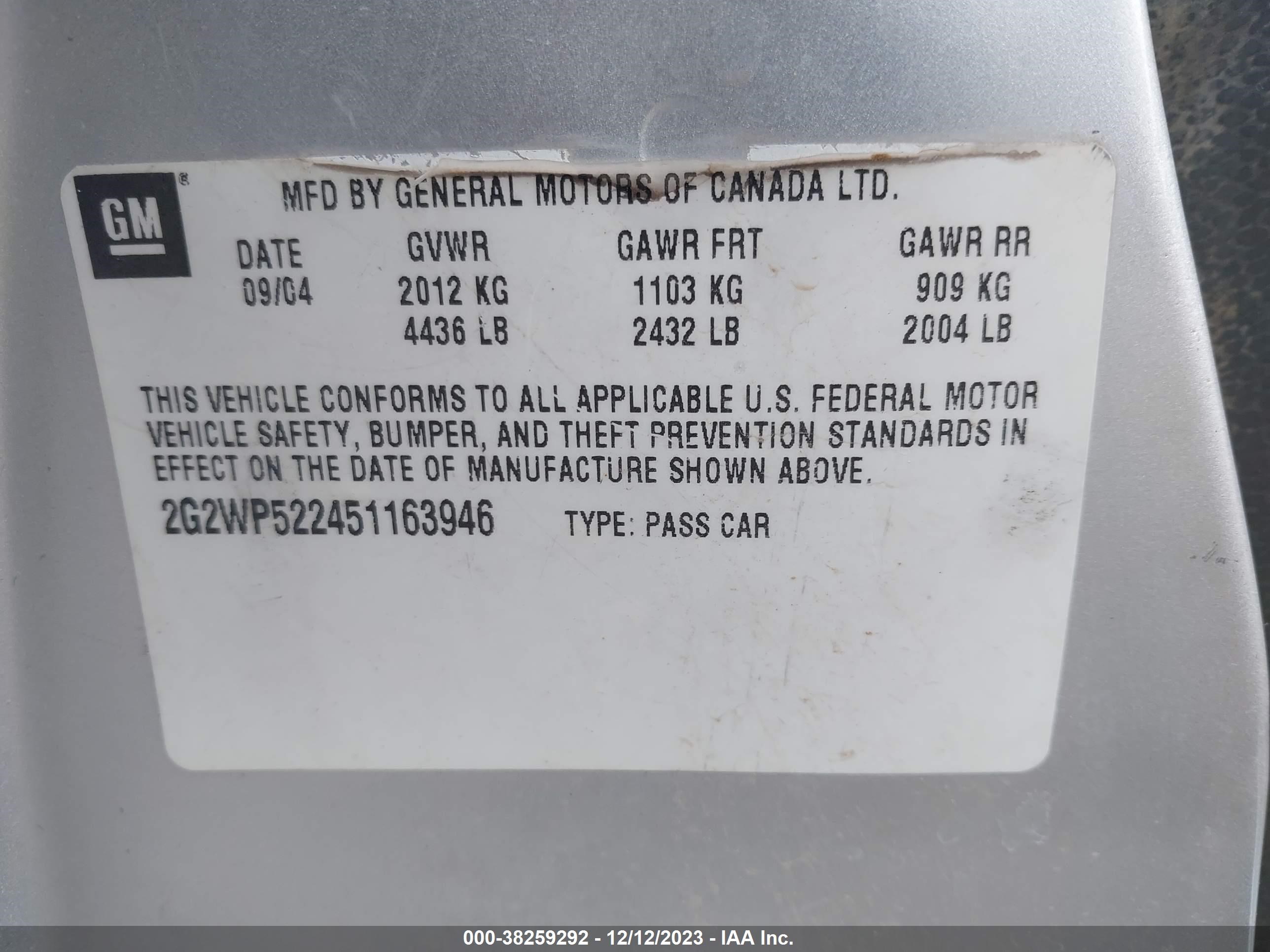 Photo 8 VIN: 2G2WP522451163946 - PONTIAC GRAND PRIX 