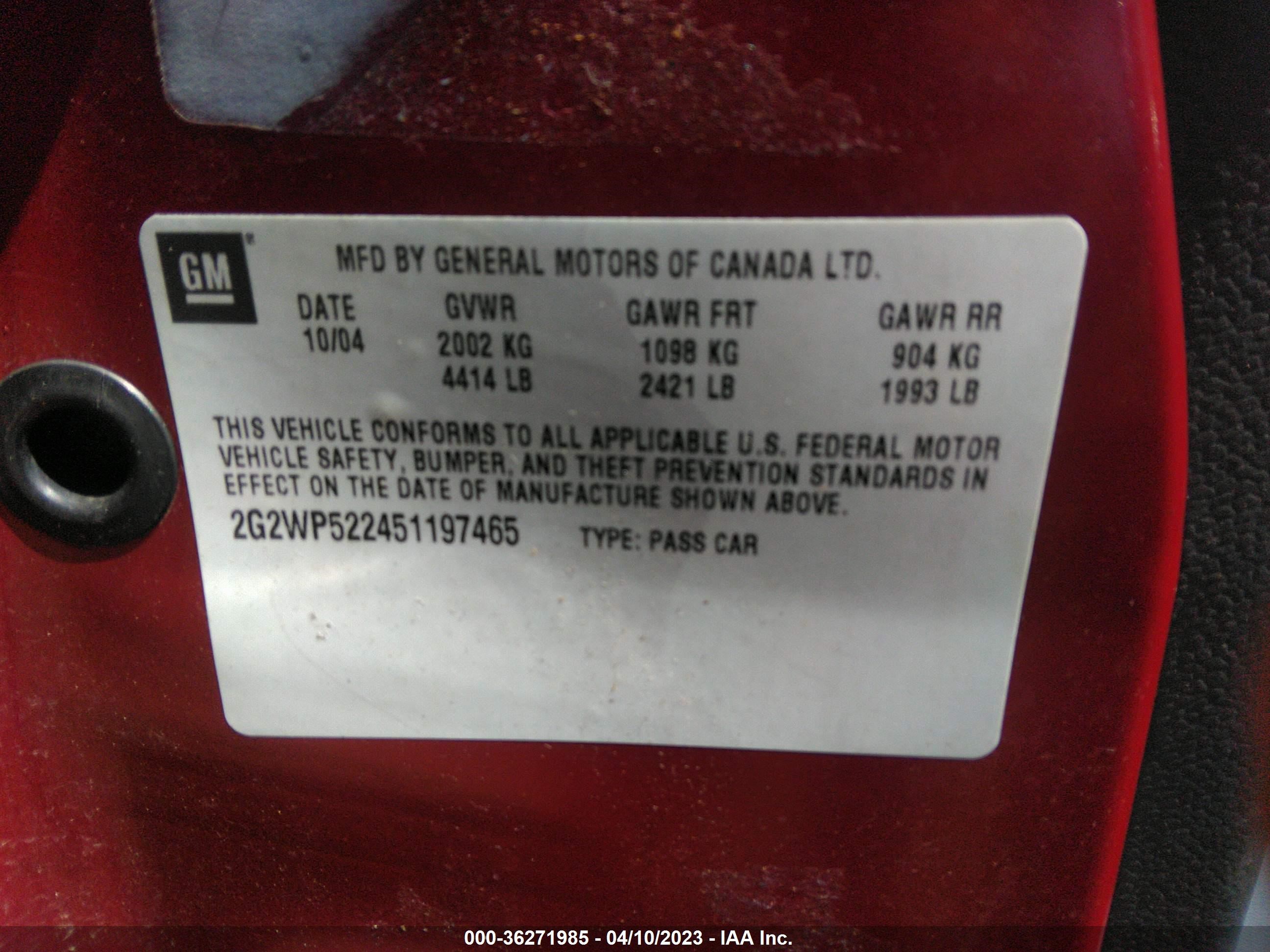 Photo 8 VIN: 2G2WP522451197465 - PONTIAC GRAND PRIX 