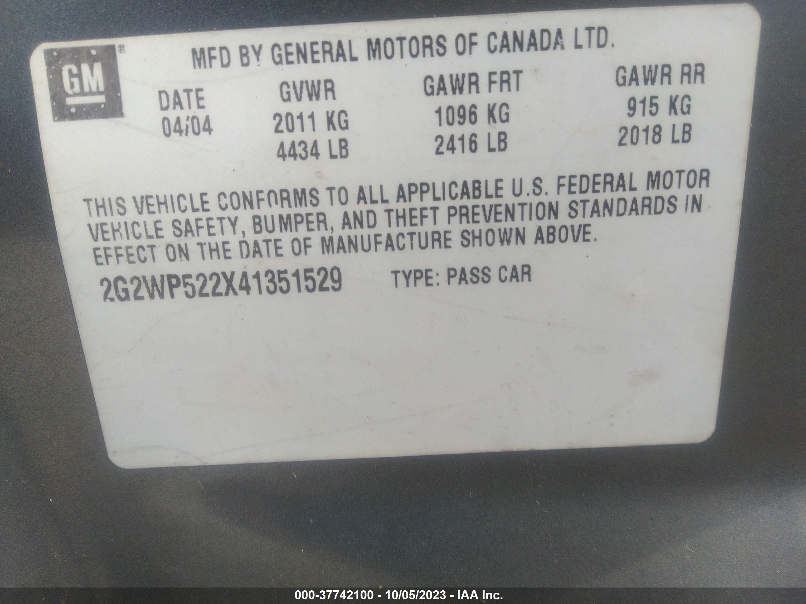 Photo 7 VIN: 2G2WP522X41351529 - PONTIAC GRAND PRIX 