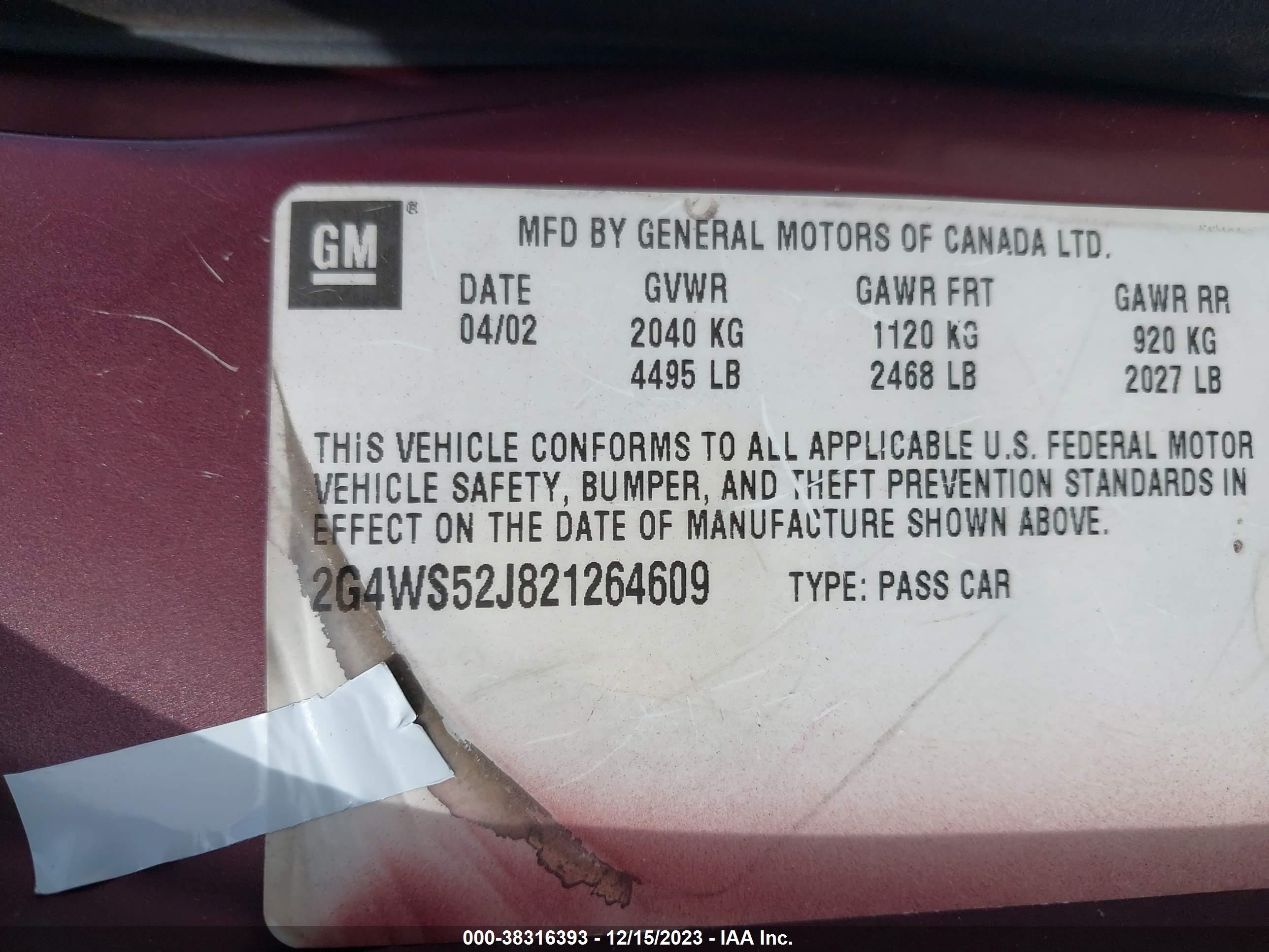 Photo 8 VIN: 2G4WS52J821264609 - BUICK CENTURY 