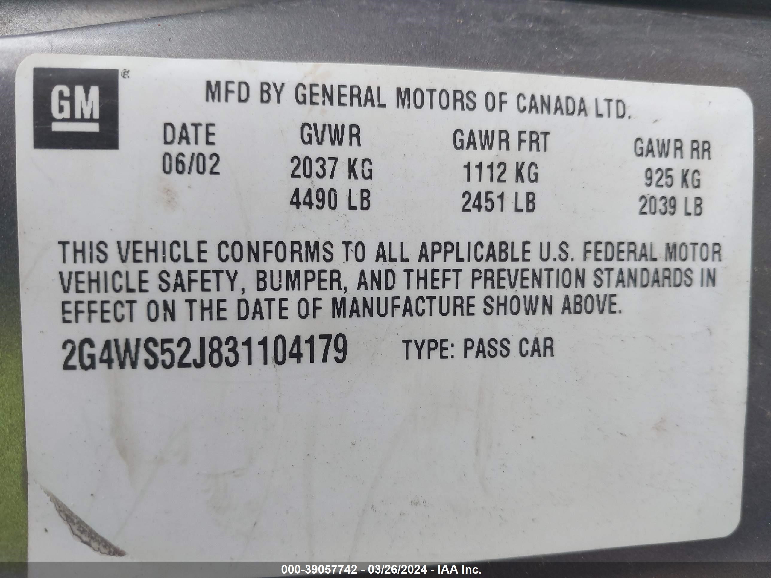 Photo 8 VIN: 2G4WS52J831104179 - BUICK CENTURY 