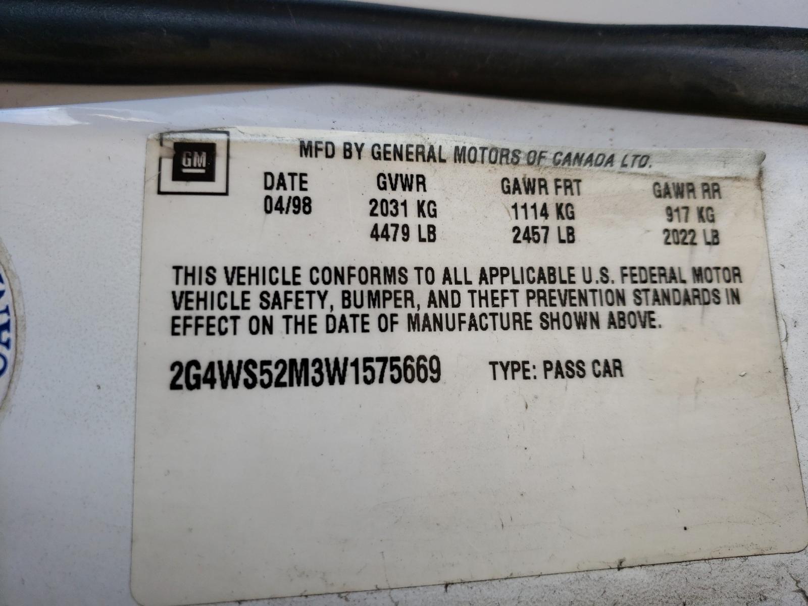 Photo 9 VIN: 2G4WS52M3W1575669 - BUICK CENTURY CU 